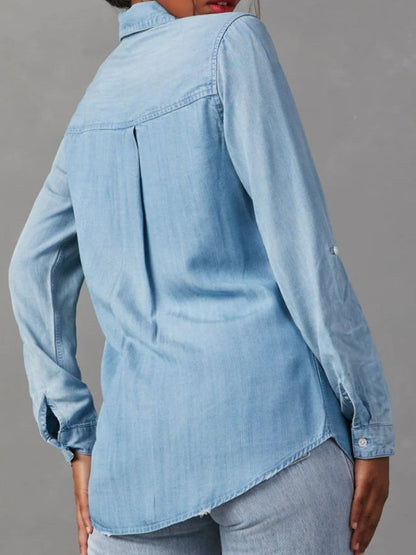 Chic collared denim top with roll-tab sleeves