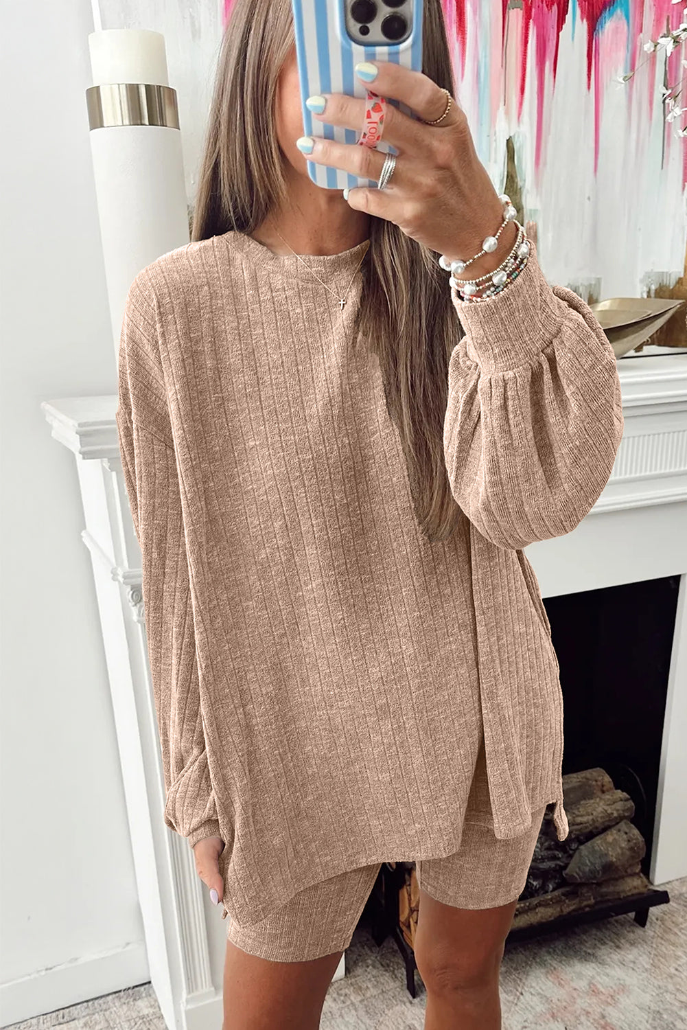Dark Khaki Ribbed Balloon Sleeve Pullover Top and Biker Knitted Short Set Dear-Lover Dropshipping