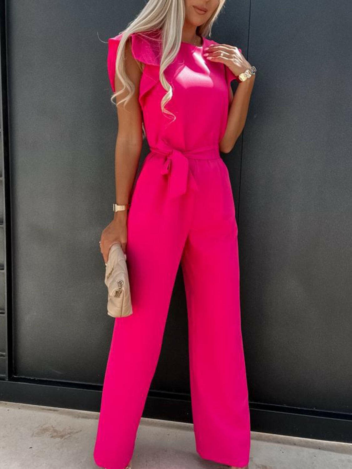 Ruffled Round Neck Cap Sleeve Jumpsuit.