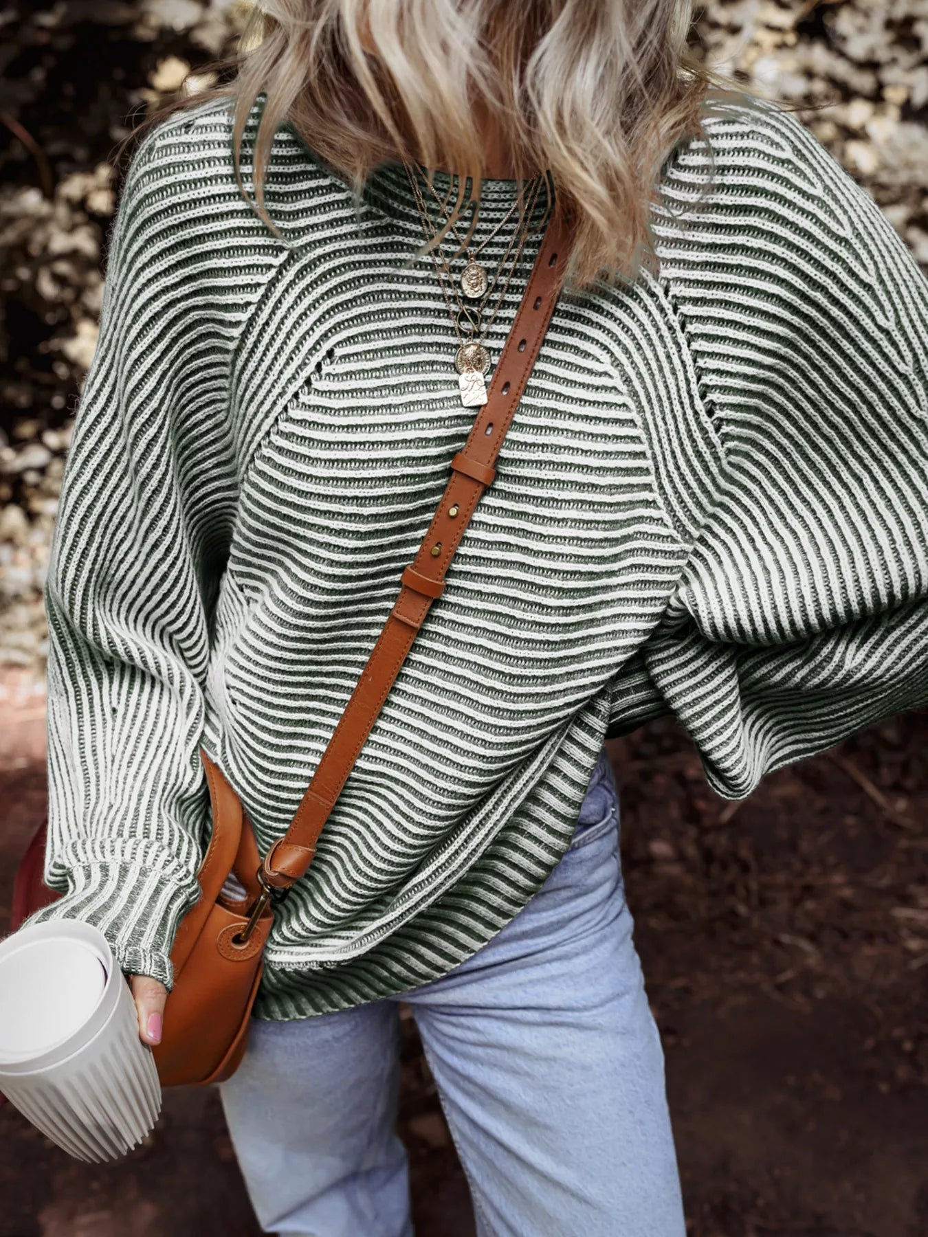 Striped Ribbed Knit Boat Neck Baggy Sweater Simply Love