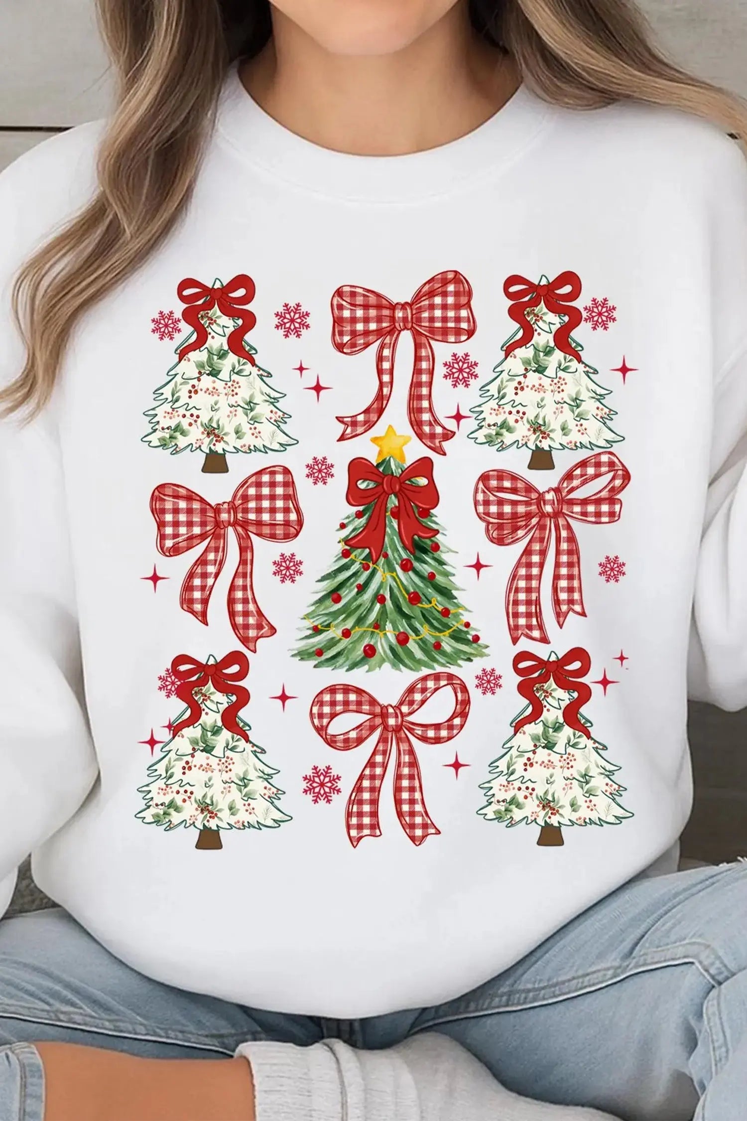 White Christmas Tree Ribbon Bow Printed Drop Shoulder Sweatshirt Dear-Lover Dropshipping