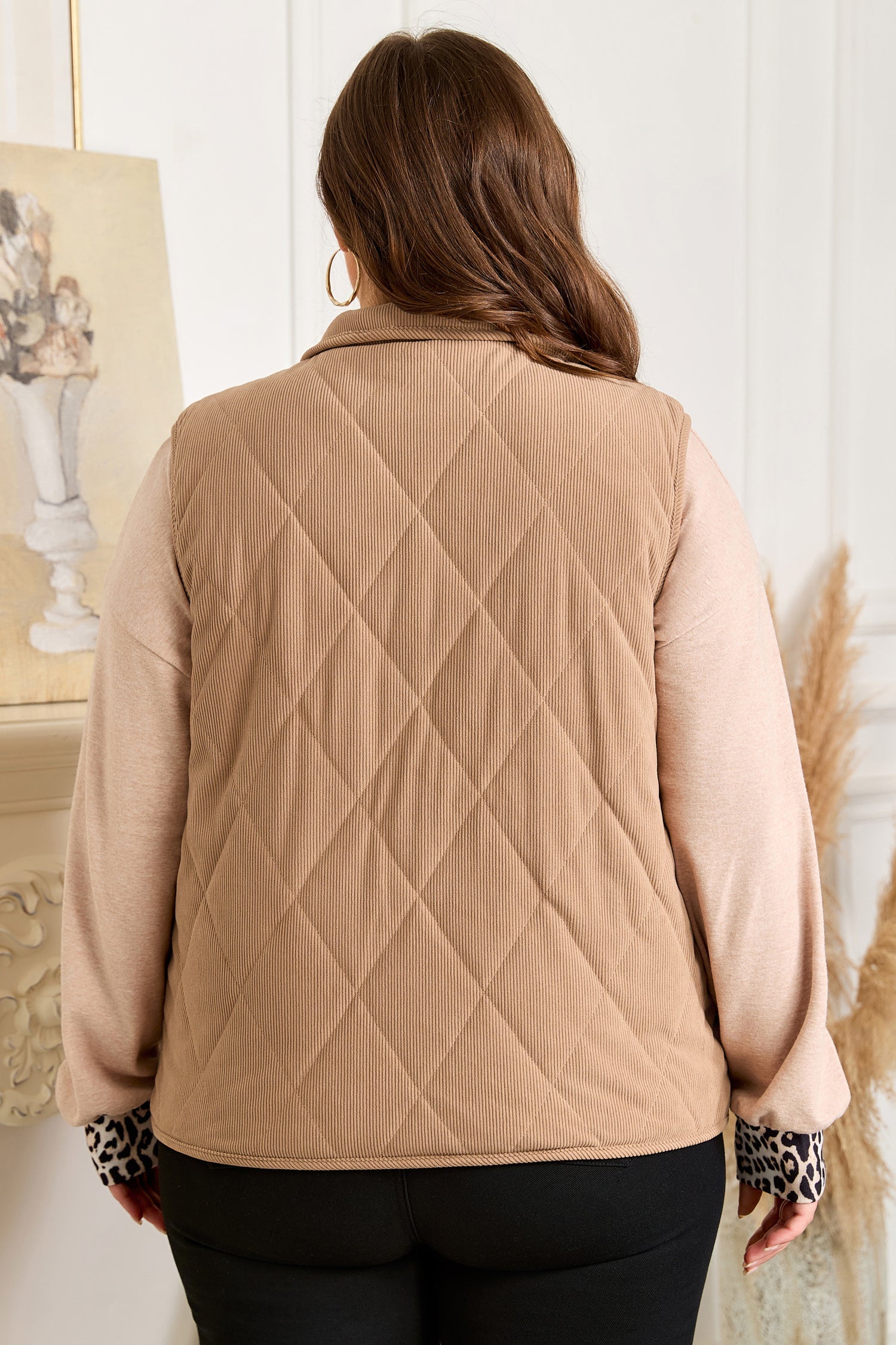 Camel Plus Size Quilted Cord Snap Button Vest Jacket Dear-Lover Dropshipping
