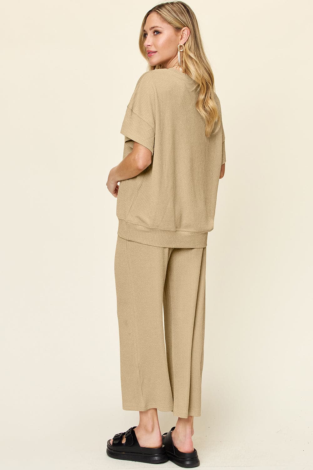 Double Take Full Size Texture Round Neck Short Sleeve T-Shirt and Wide Leg Pants.