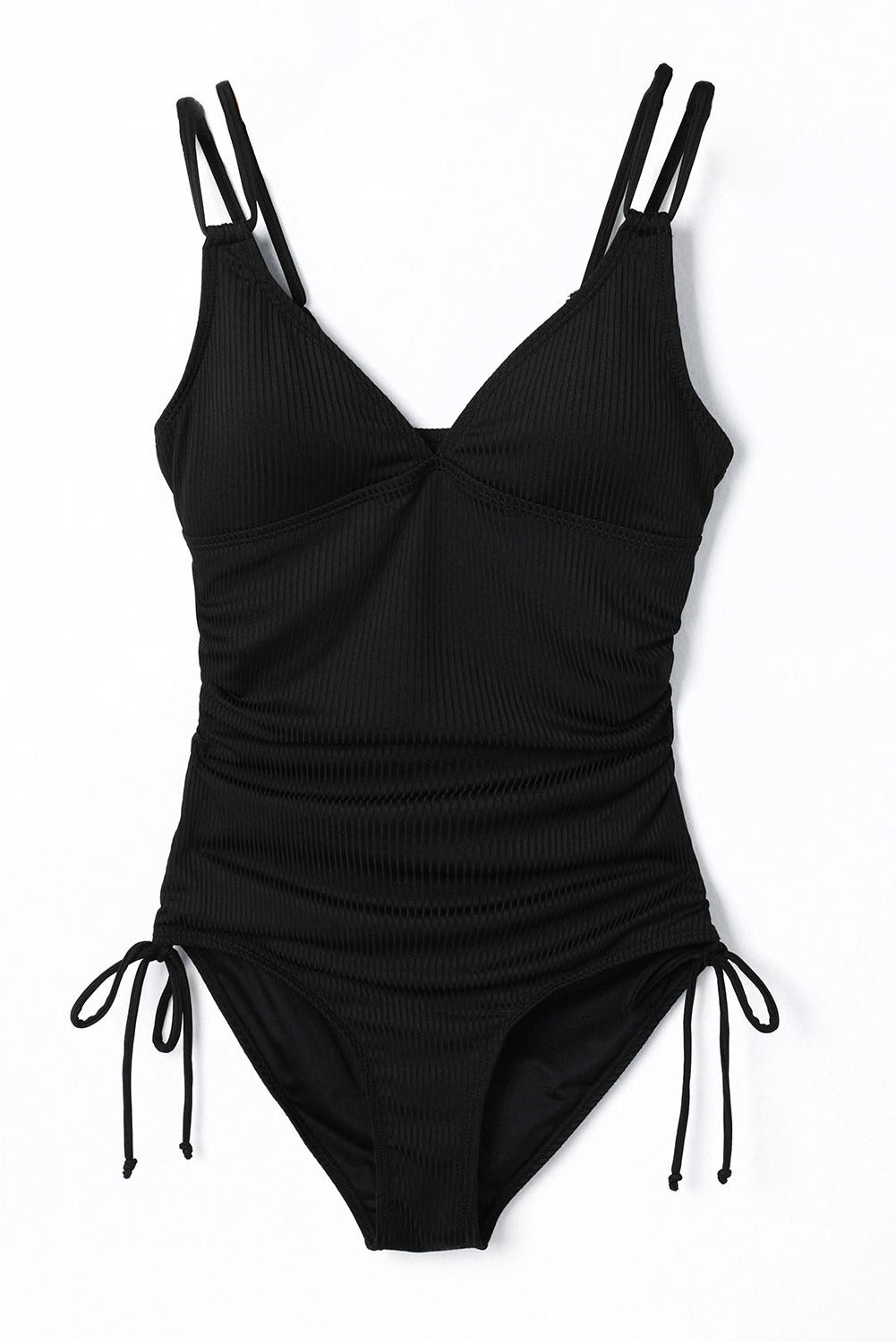 Chic black ribbed knit one-piece swimsuit with adjustable straps