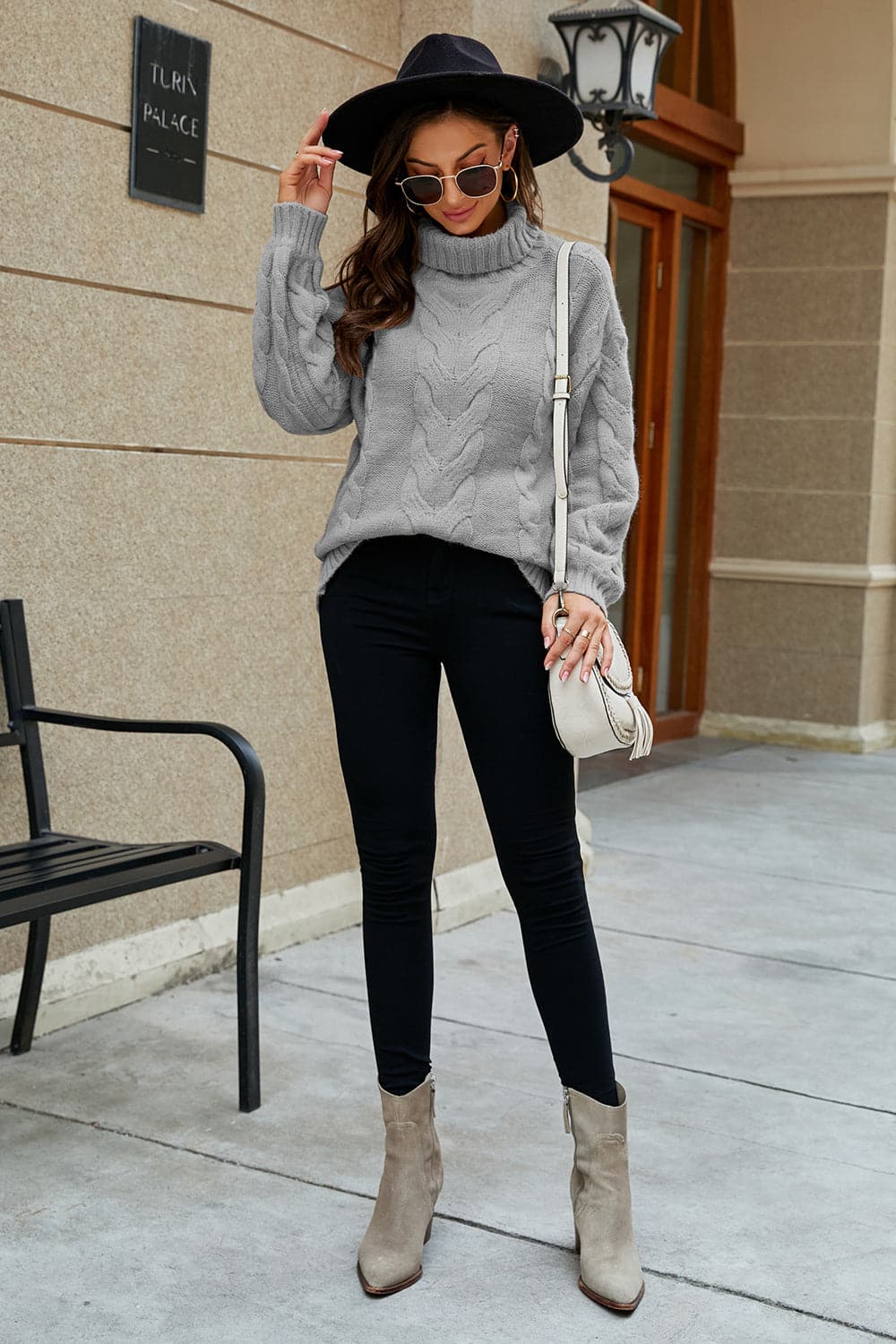 Cable-Knit Turtleneck Sweater.