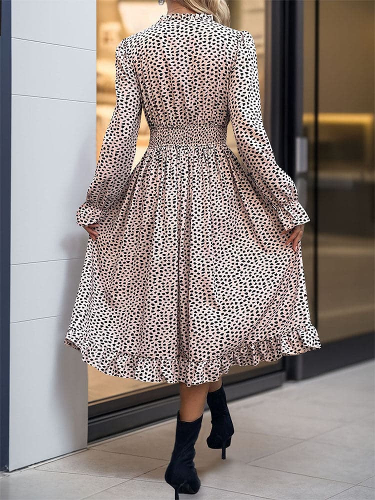 Ruched Ruffled Leopard Long Sleeve Dress.