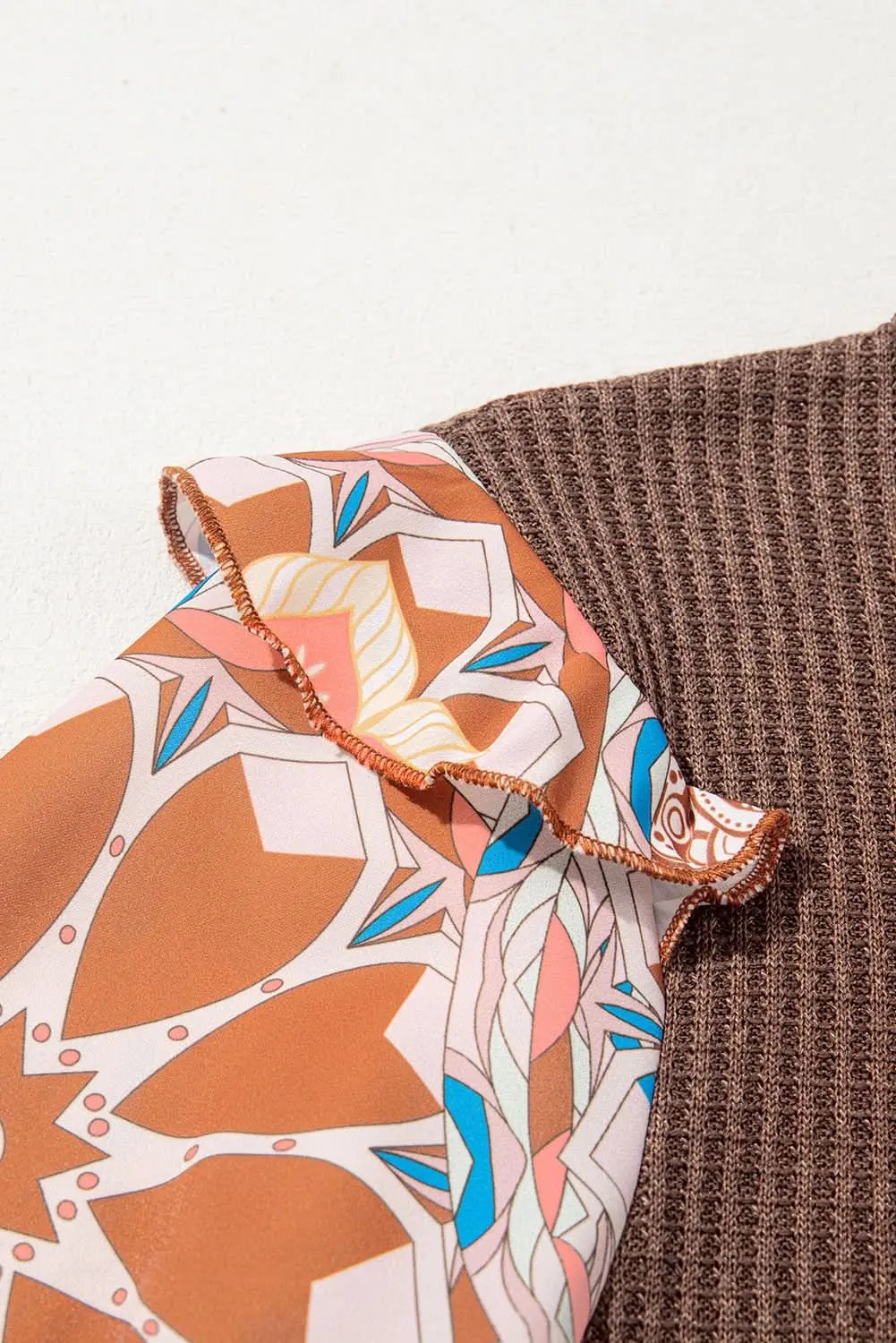 Coffee Ruffled Floral Sleeve Patchwork Waffle Knit O Neck Blouse - Love Salve 