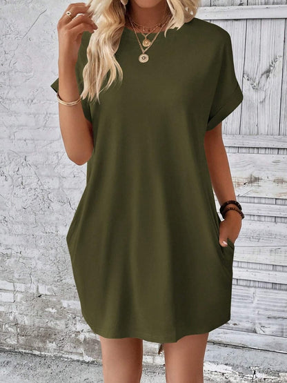 Round Neck Short Sleeve Mini Dress.