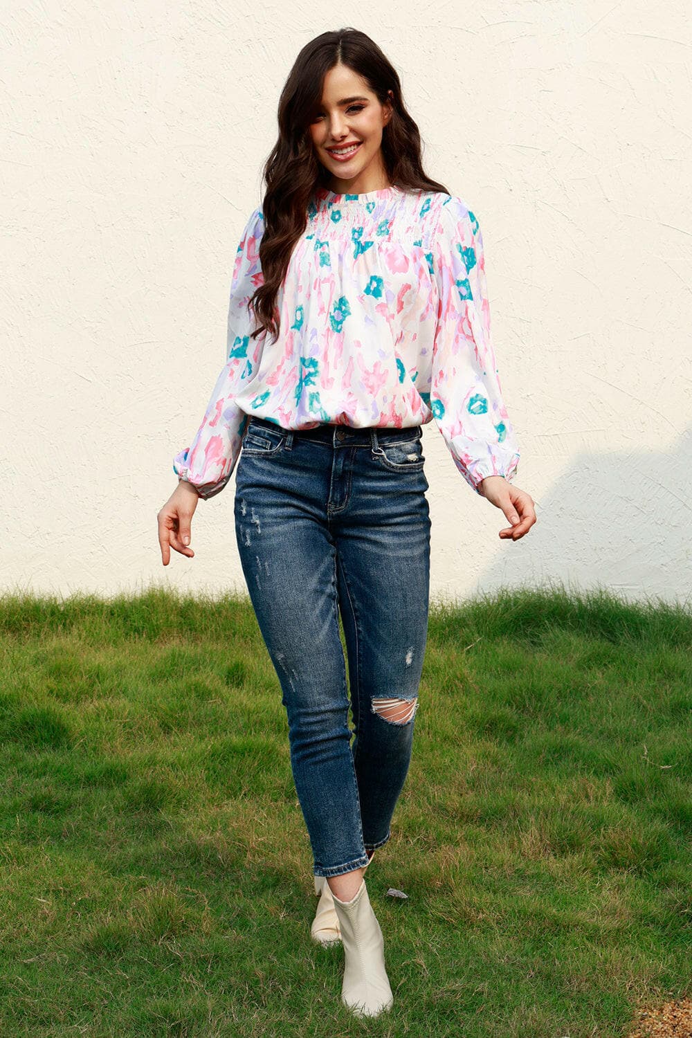 Floral Smocked Balloon Sleeve Round Neck Blouse.