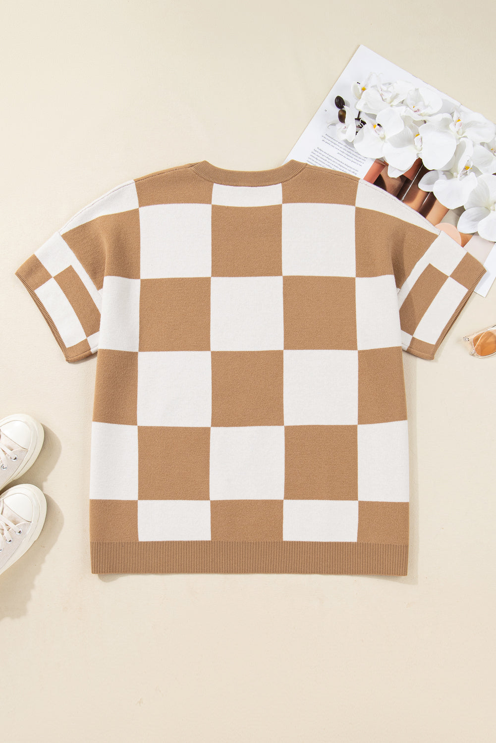 French Beige Plus Size Checkered Knit Short Sleeve Sweater Dear-Lover Dropshipping