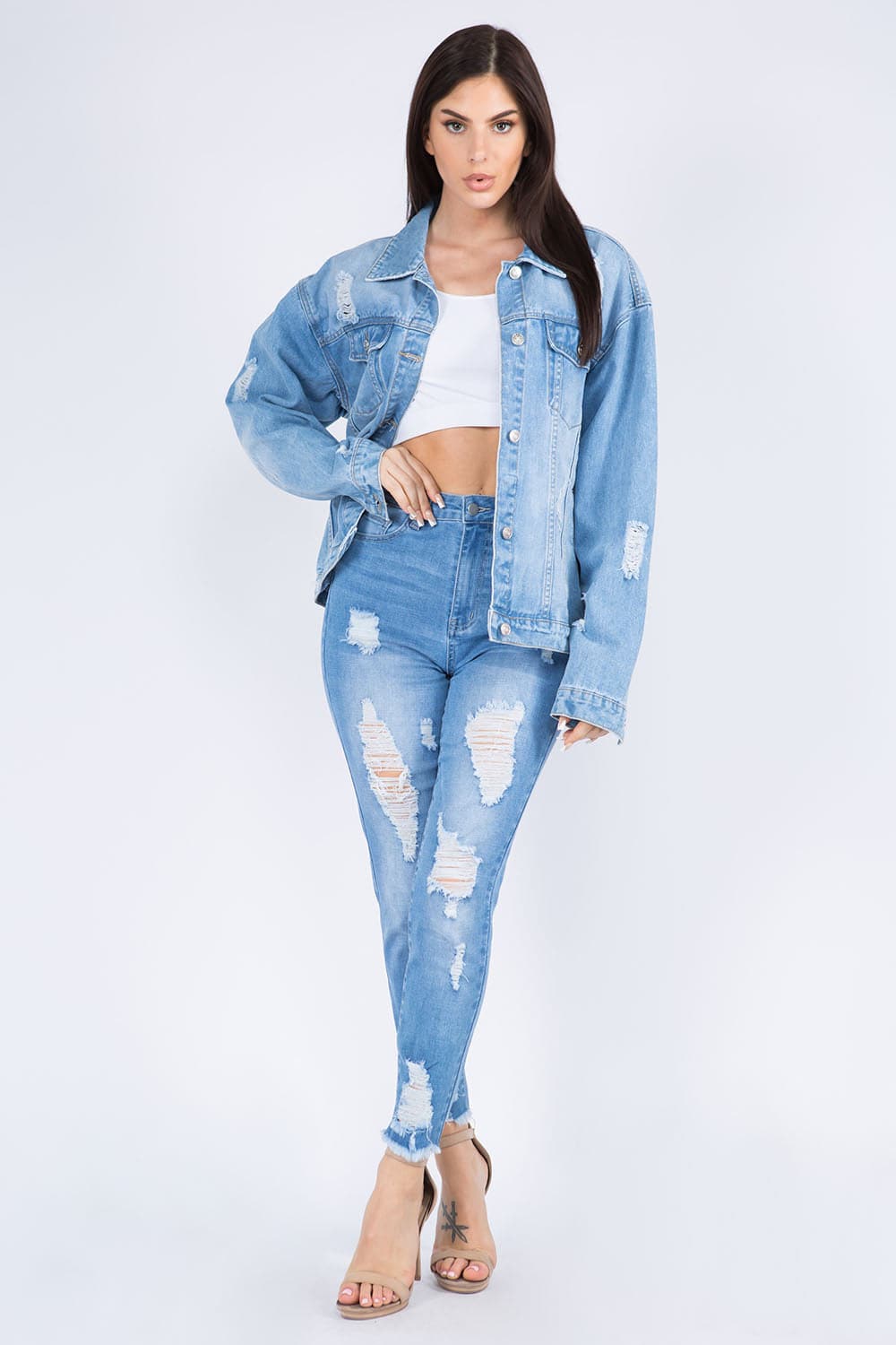 American Bazi Full Size Painted Back Distressed Denim Jacket.