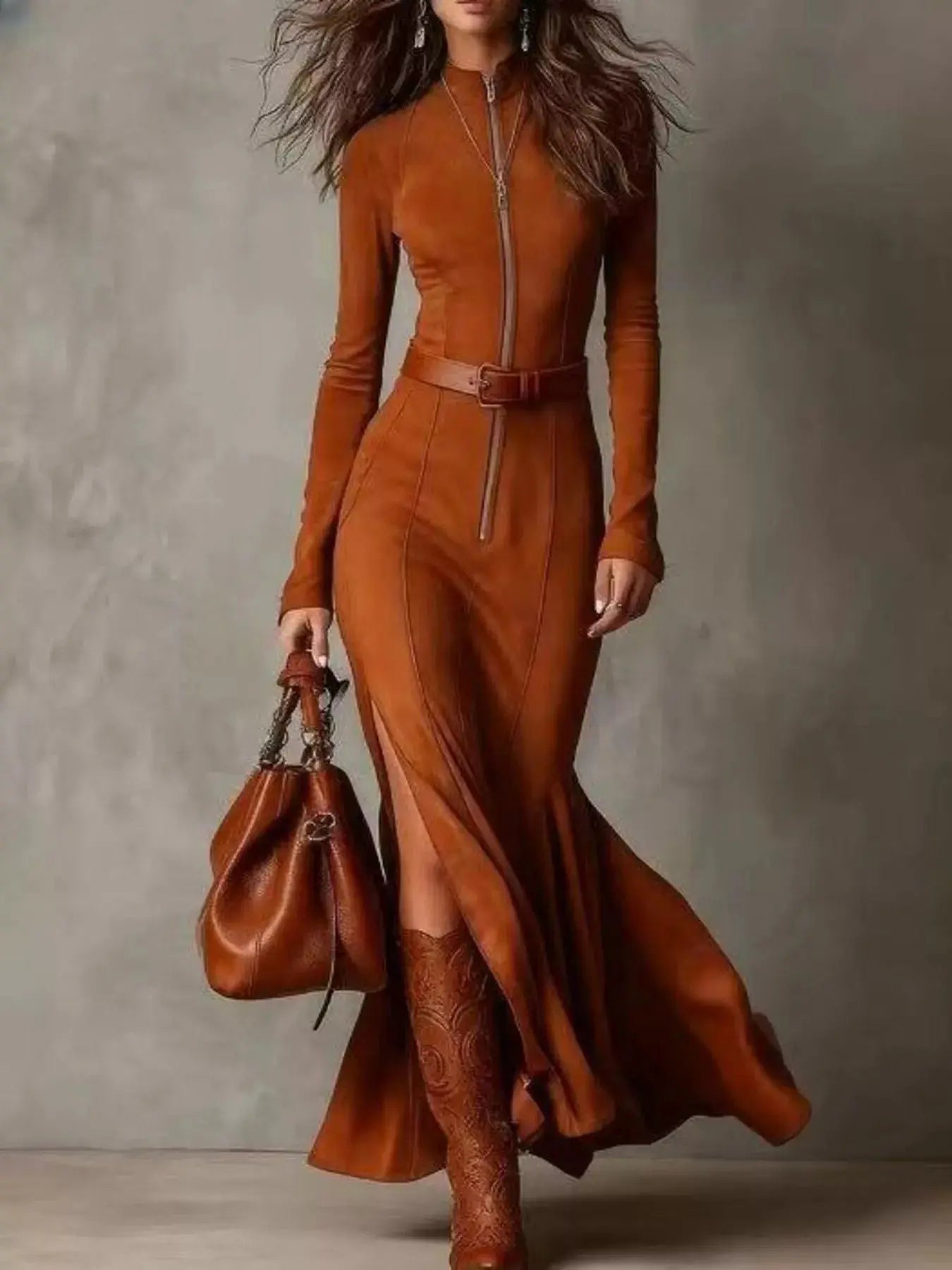 Full Size Zipper Front Long Sleeve Slit Maxi Dress Plus Size Simply Love