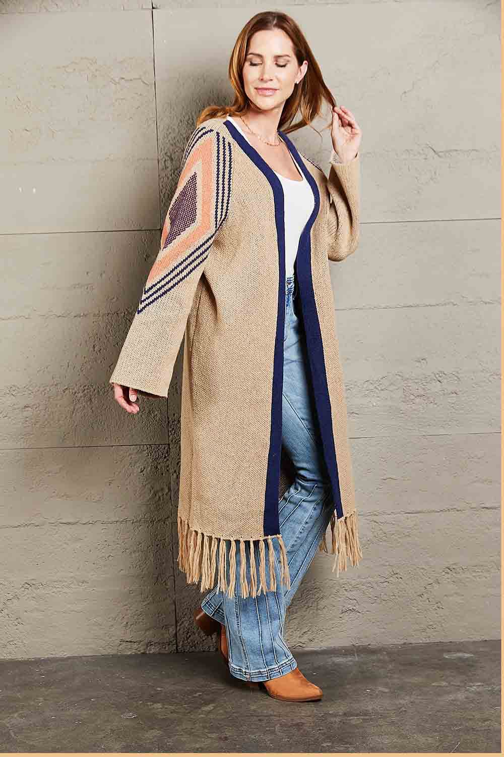 Geometric Fringe Hem Open Front Duster Cardigan.