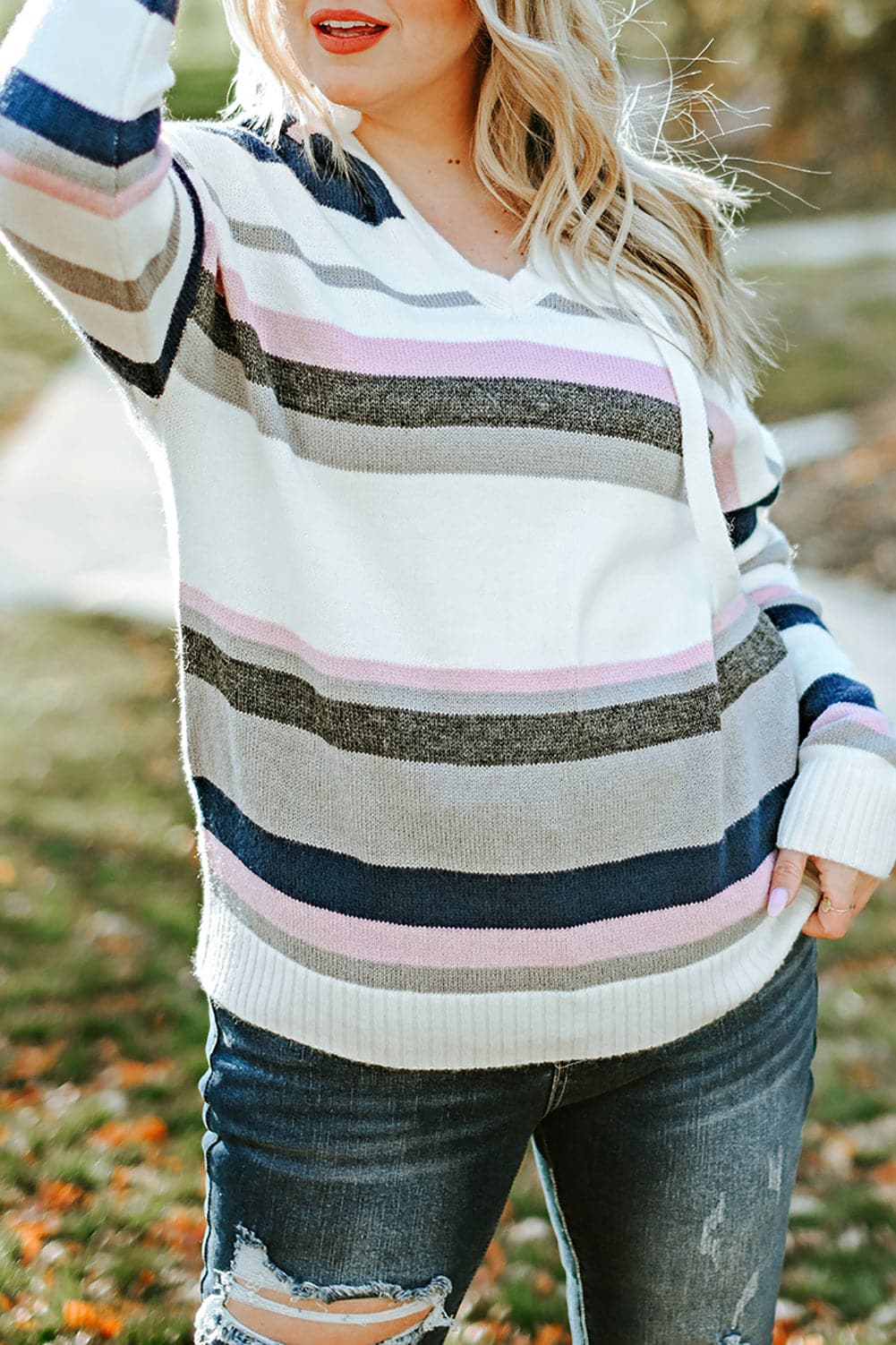 Plus Size Striped Long Sleeve Hooded Sweater.