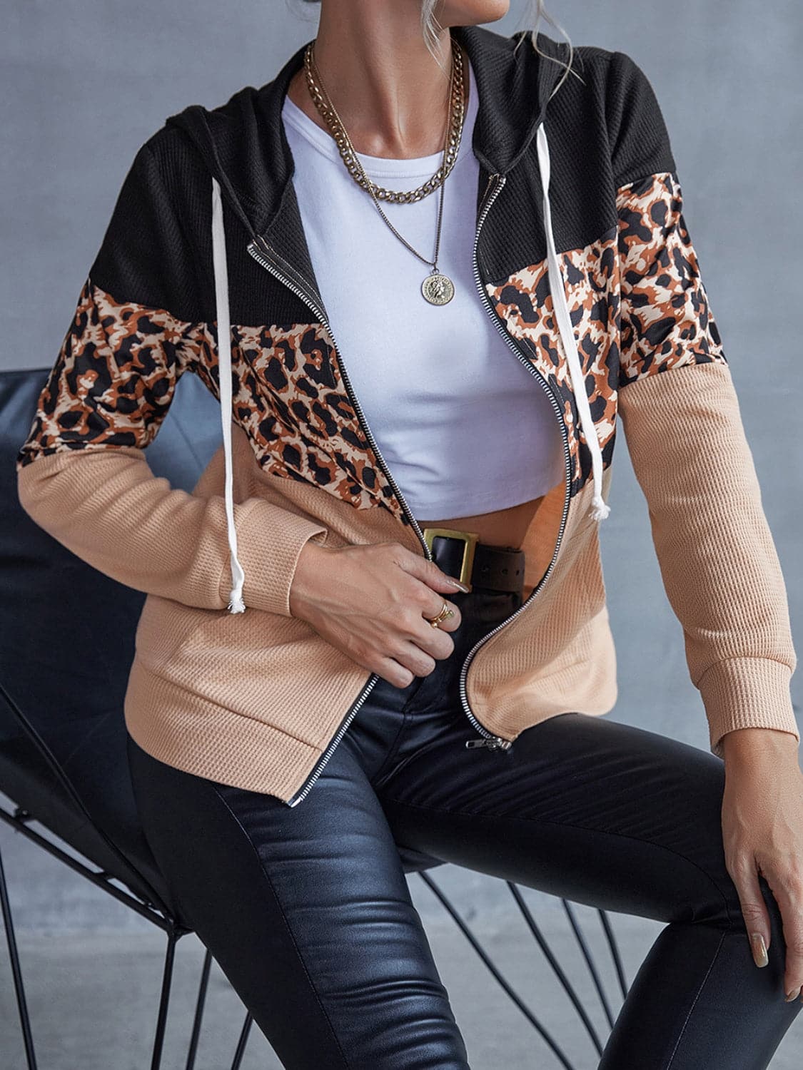 Drawstring Leopard Zip Up Hooded Jacket.