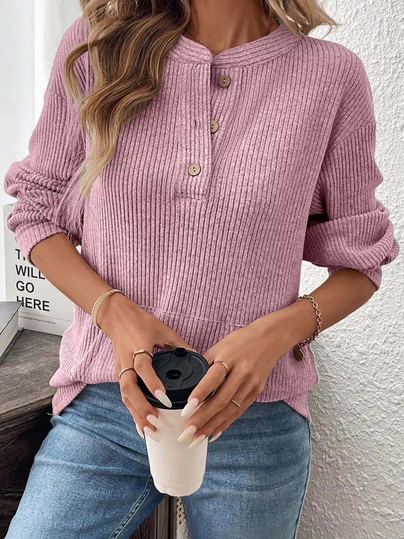 Ribbed Texture Drop Shoulder Henley Top Simply Love