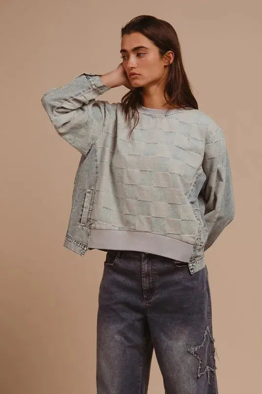 BiBi Mineral Washed Checkered Round Neck Denim Top - Love Salve 