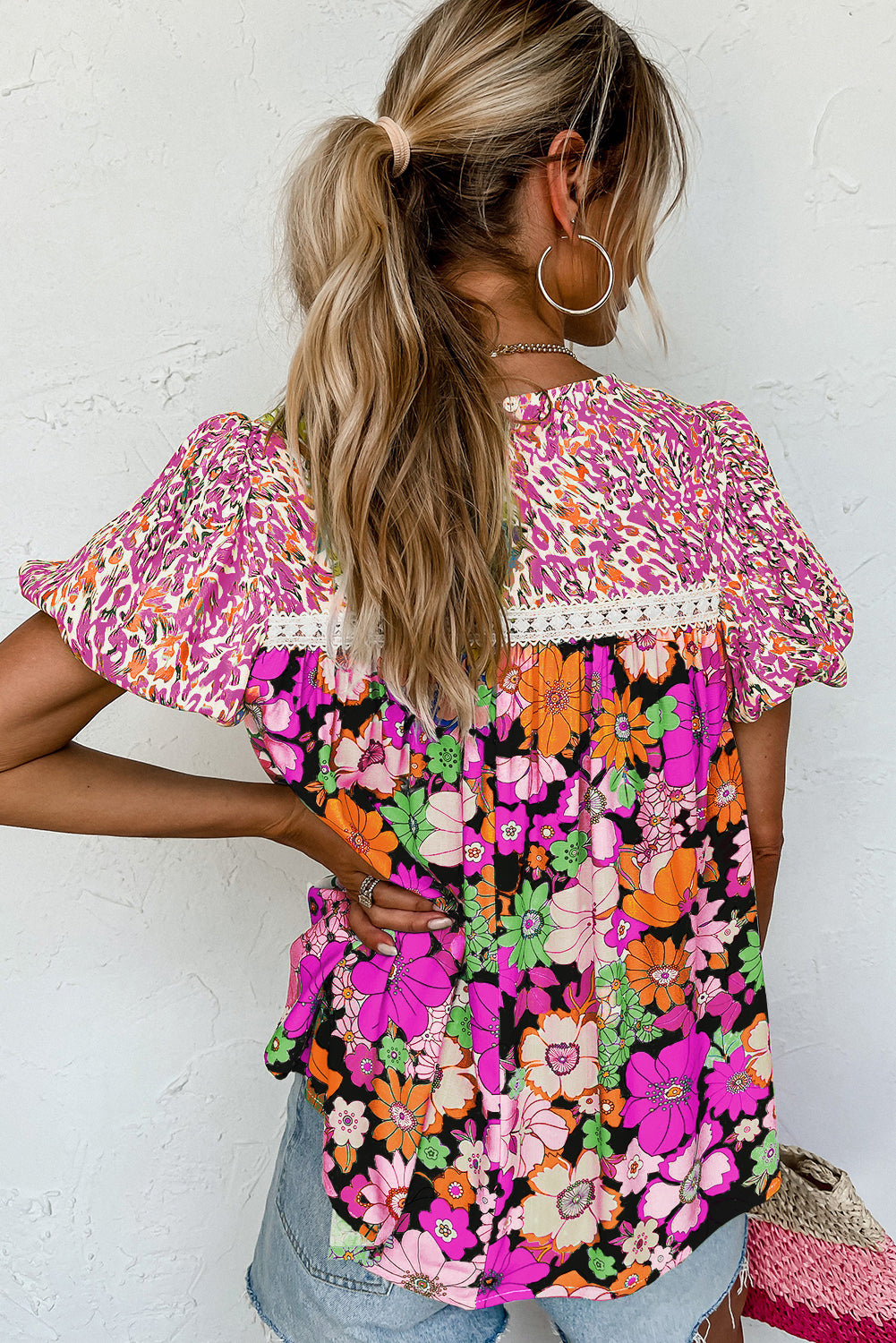 Floral lace trim blouse with playful bubble sleeves in rose red