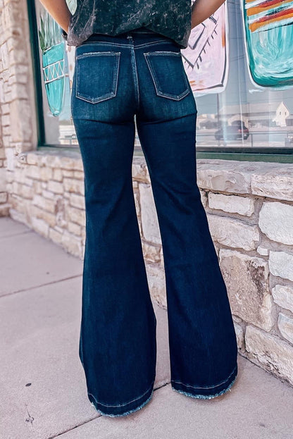 Chic real teal high-waisted ripped flare jeans