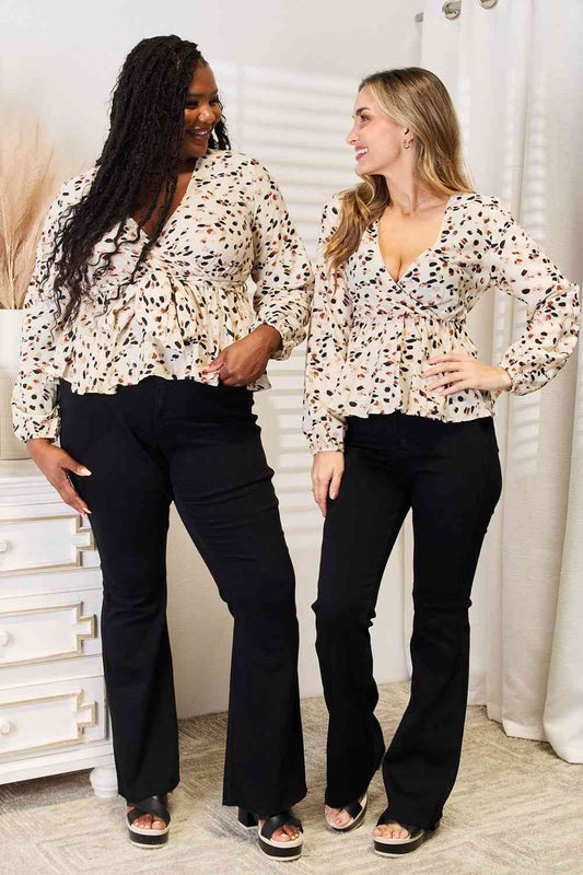 Double Take Printed Tied Plunge Peplum Blouse - Love Salve