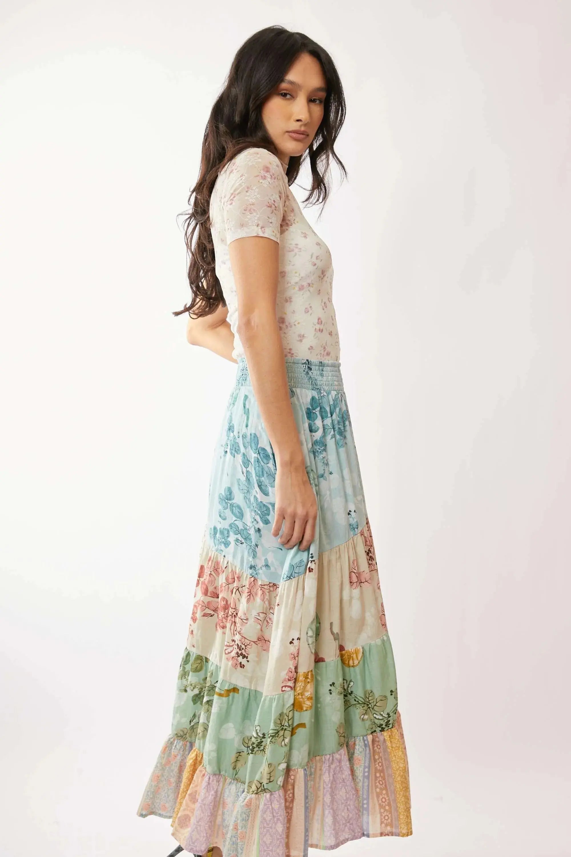 Davi & Dani Floral Mesh Mock Neck Short Sleeve Top - Love Salve 