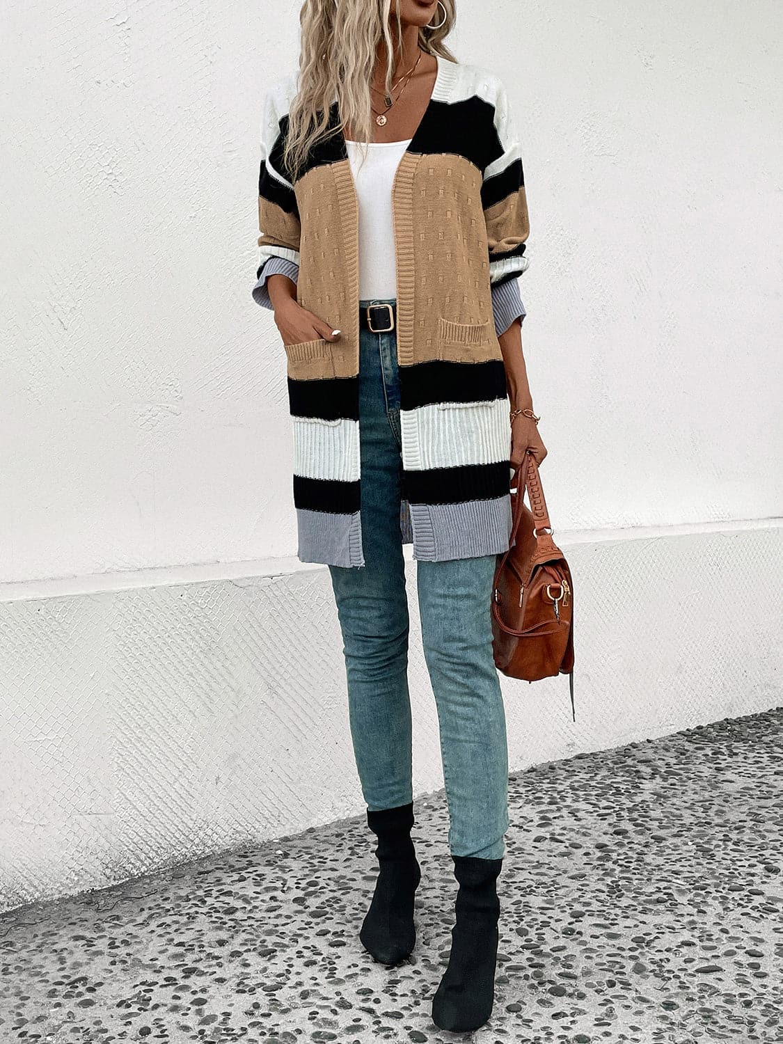 Color Block Open Front Drop Shoulder Cardigan.