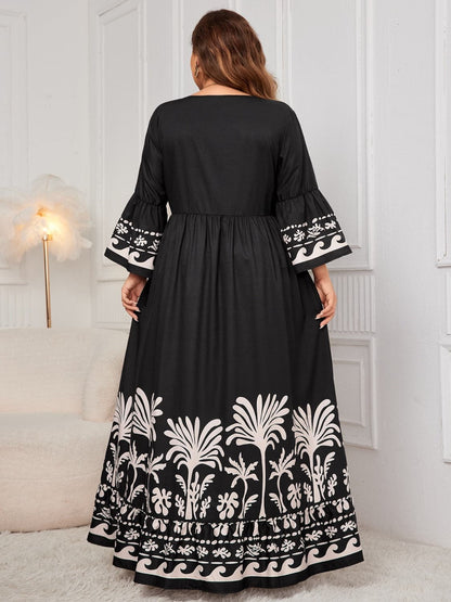 Plus Size Printed V-Neck Long Sleeve Maxi Dress.