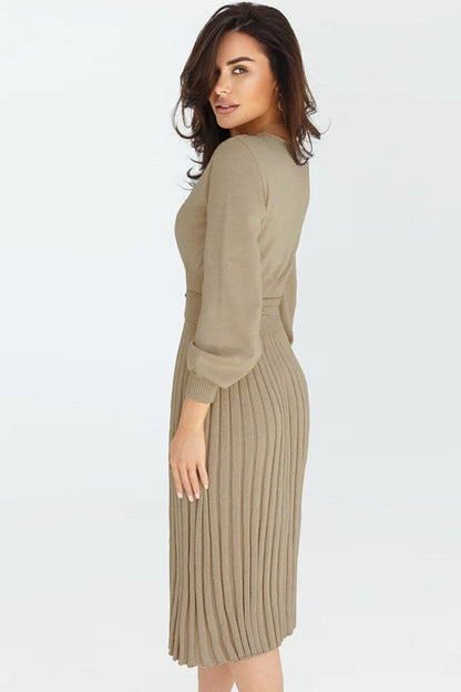 Round Neck Long Sleeve Pleated Sweater Dress.