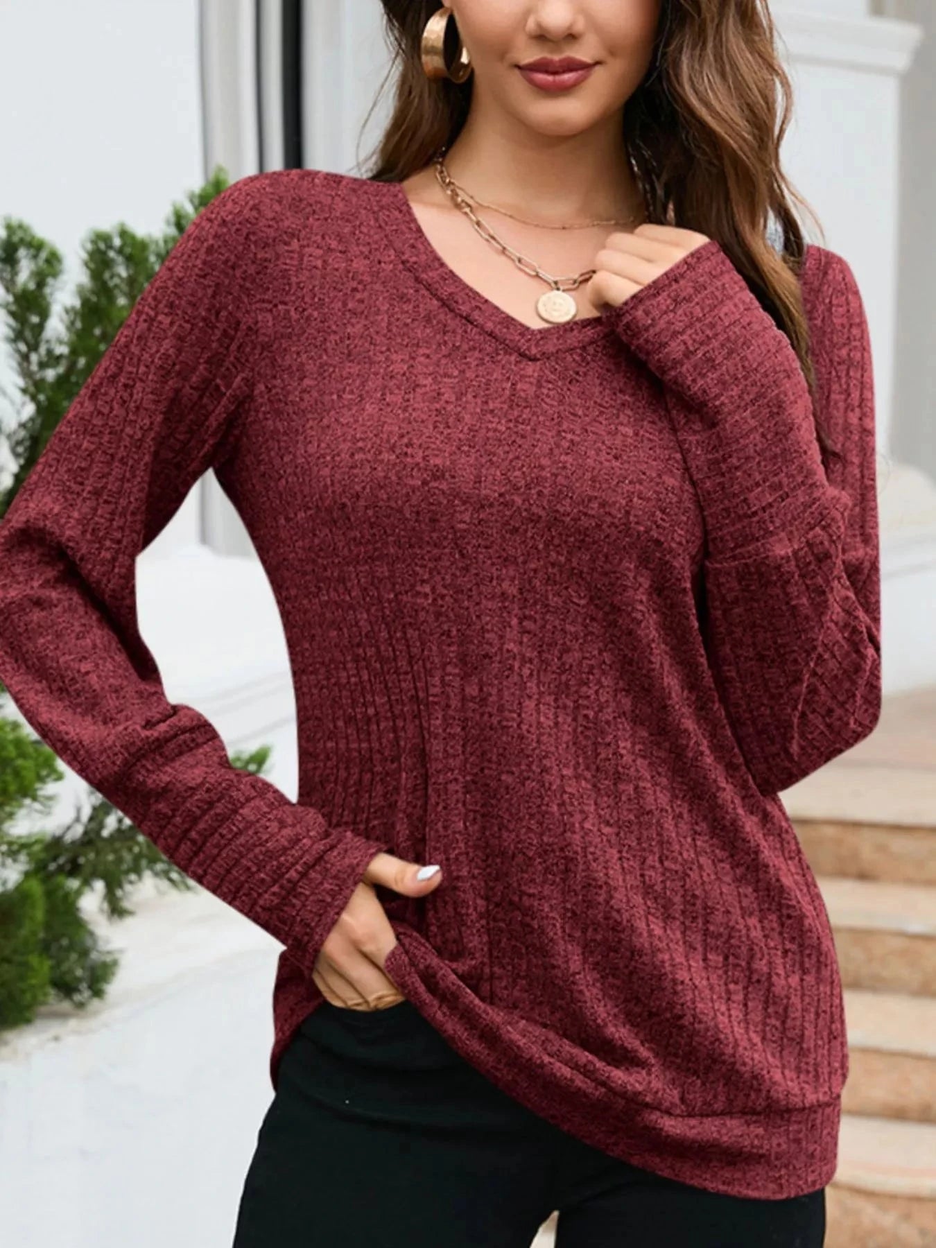 V-Neck Textured Knit Long Sleeve T-Shirt Simply Love