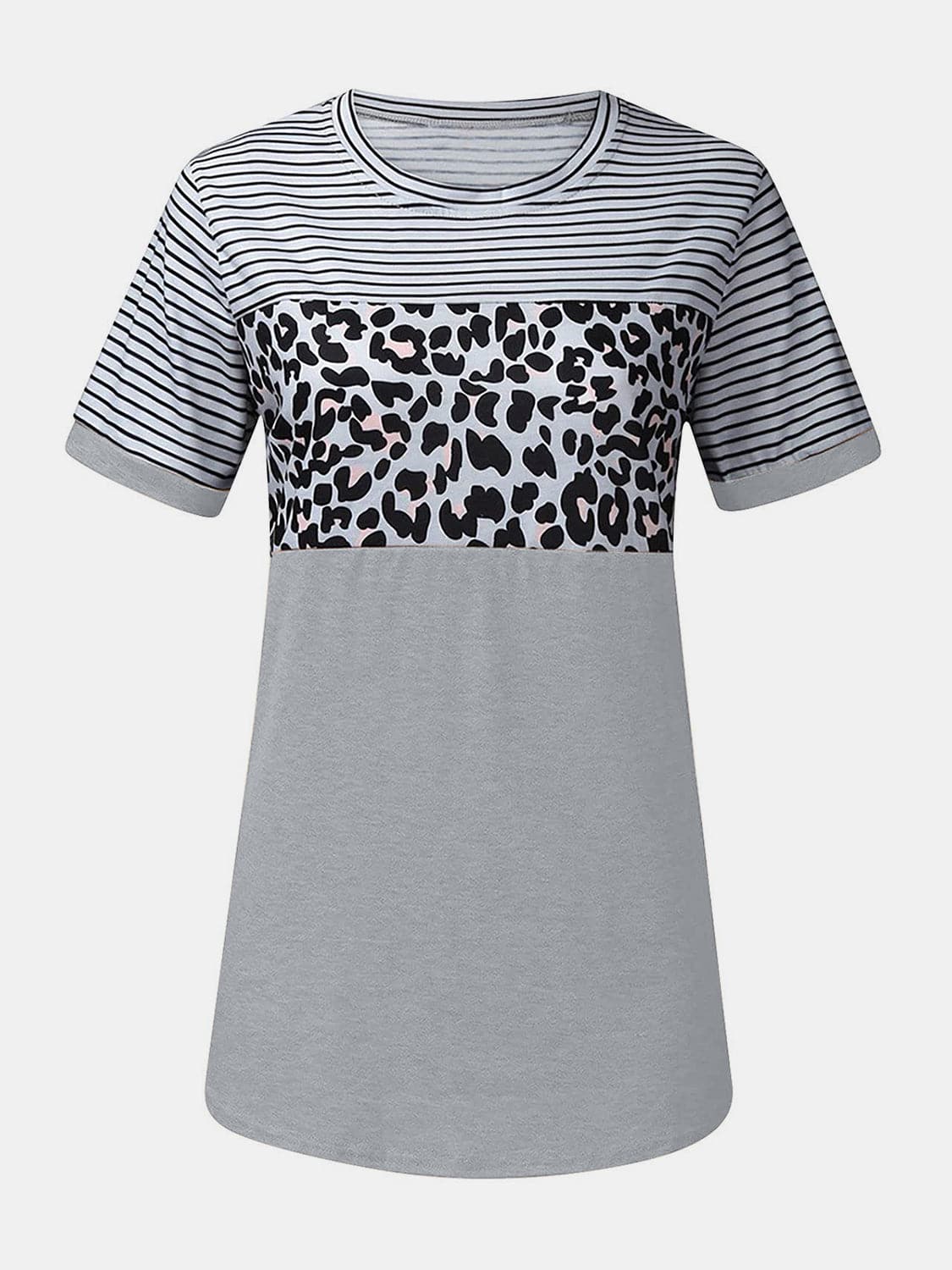 Full Size Striped Leopard Round Neck Short Sleeve T-Shirt.