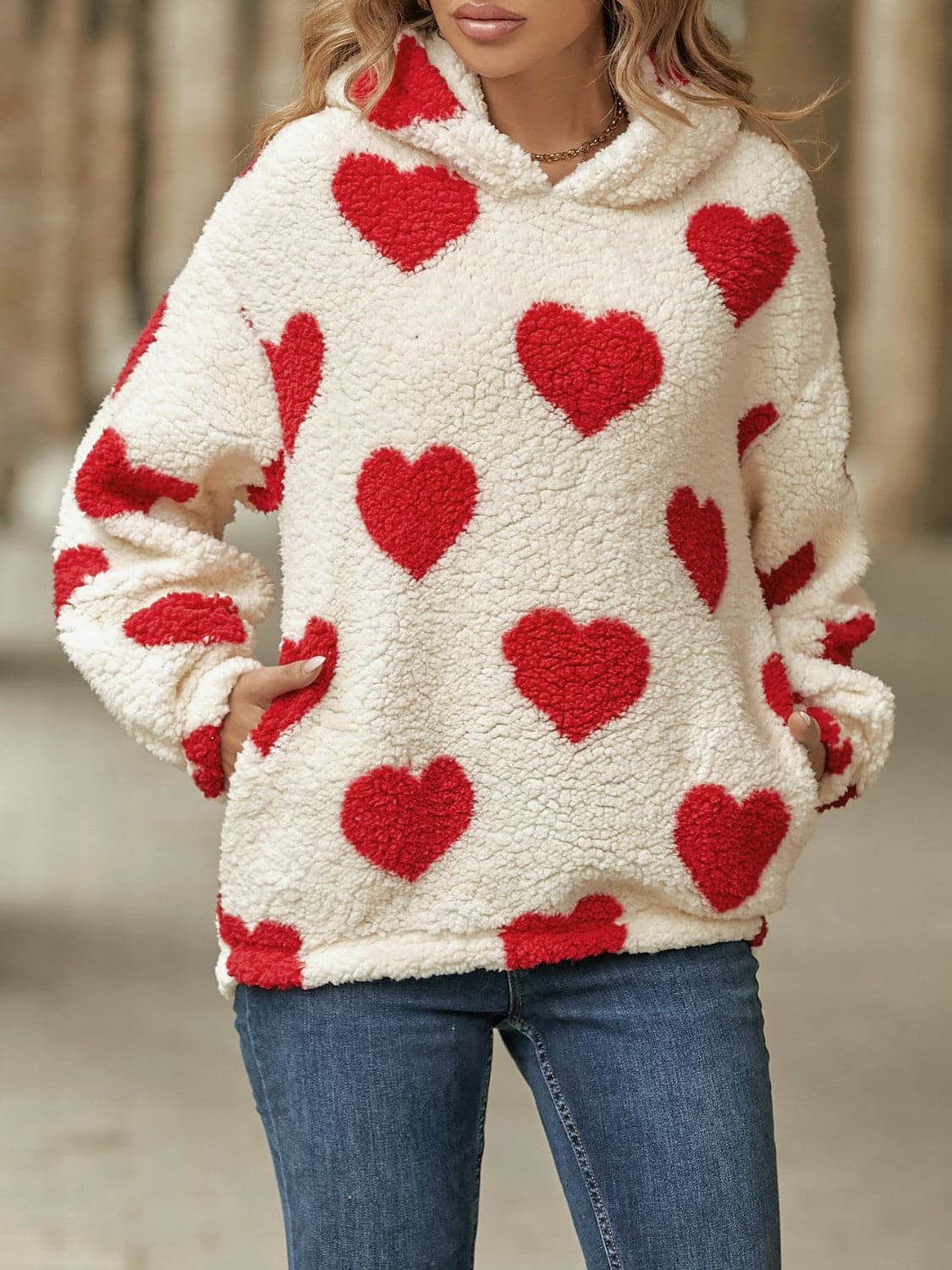 Fuzzy Heart Pocketed Dropped Shoulder Hoodie.