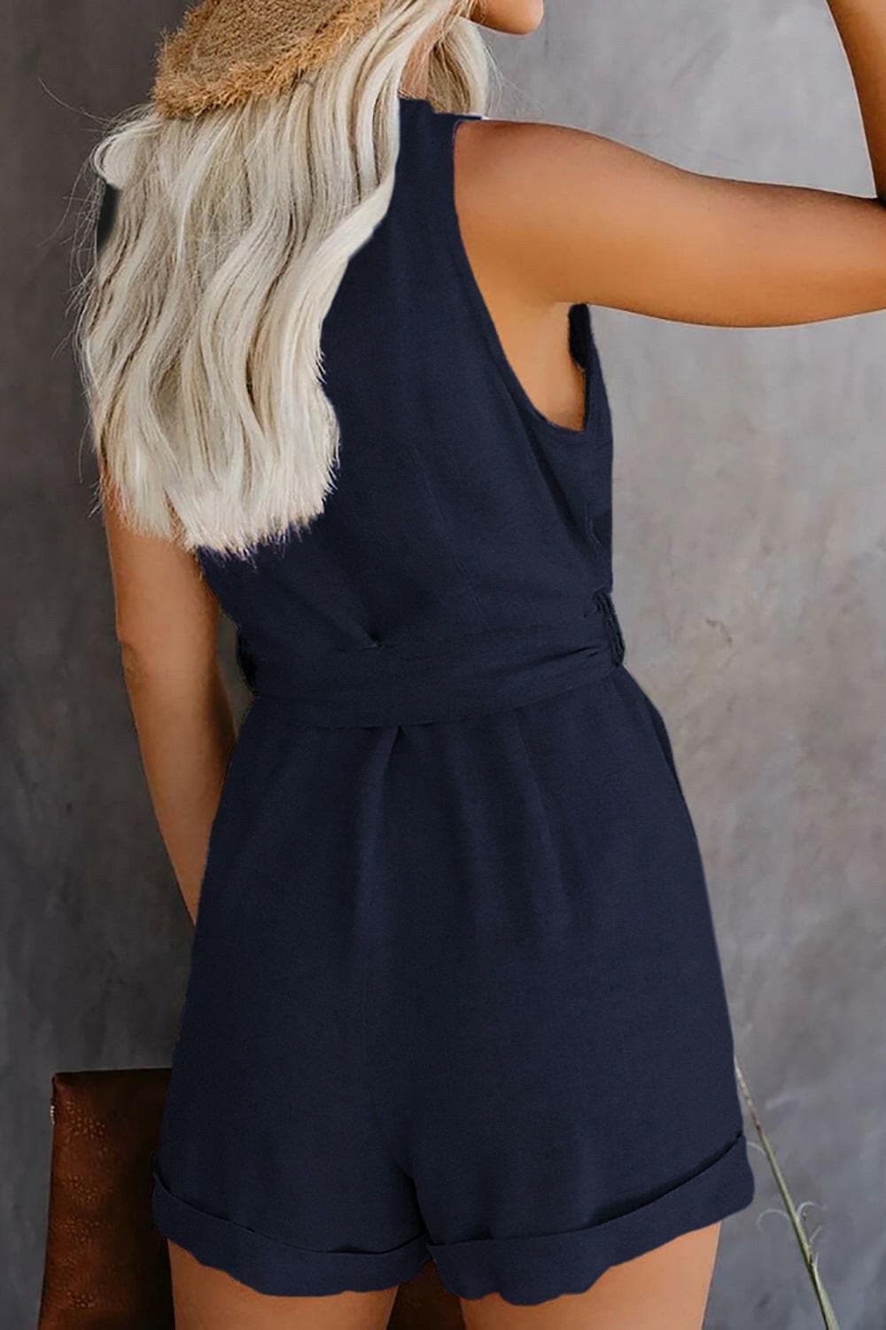 Full Size Tied V-Neck Sleeveless Romper with Pockets.