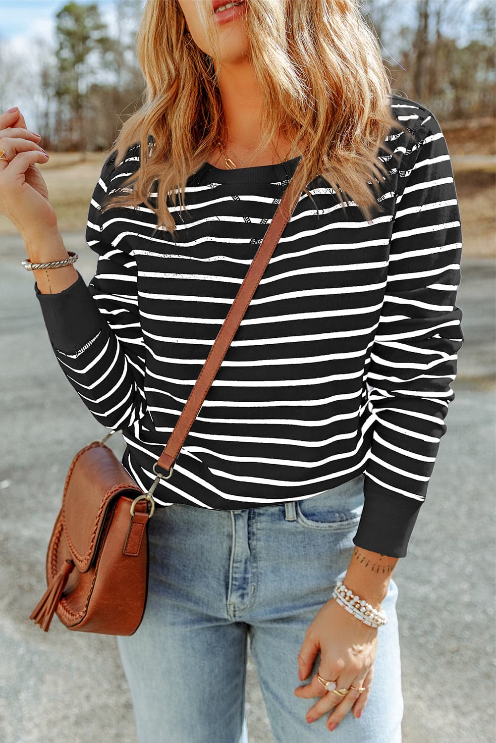 Striped Round Neck Long Sleeve Sweatshirt.