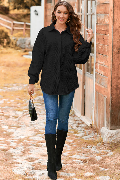 Premium Black Cable Texture Puff Sleeve Shacket Loose Fit Outerwear