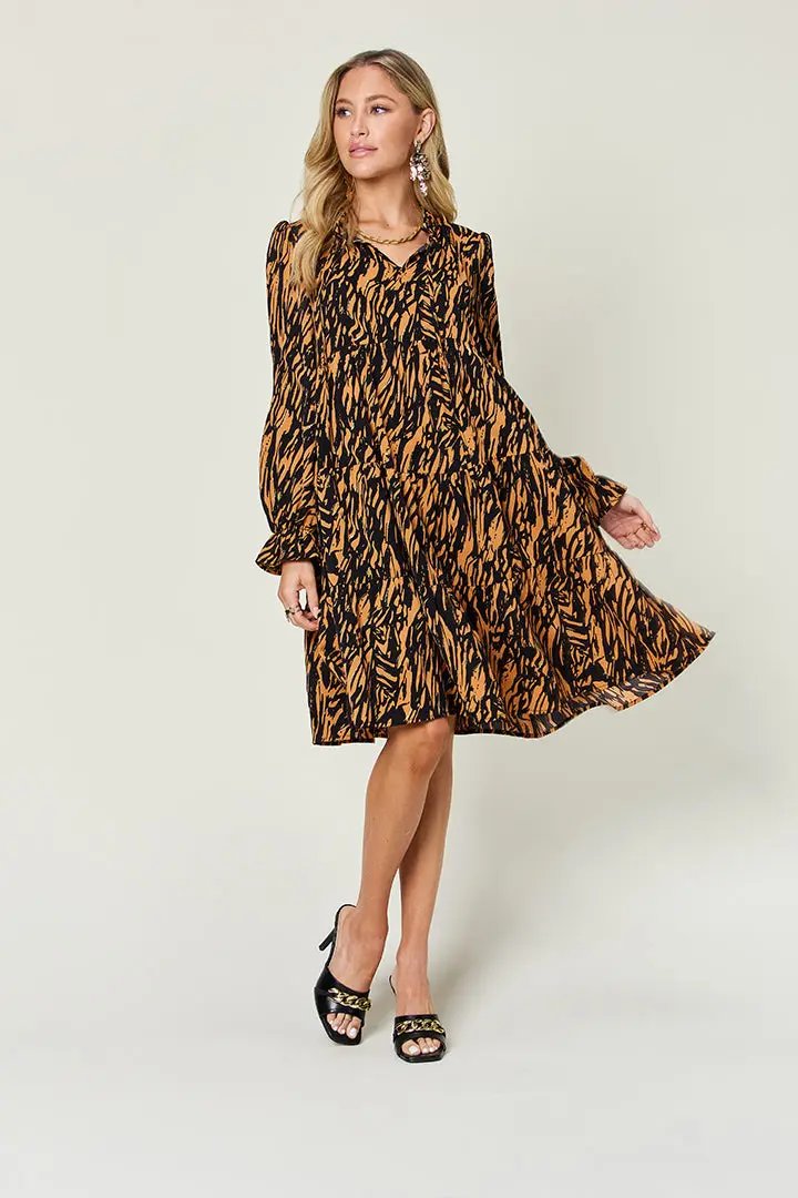 Double Take Full Size Printed Ruffle Hem Long Sleeve Dress - Love Salve
