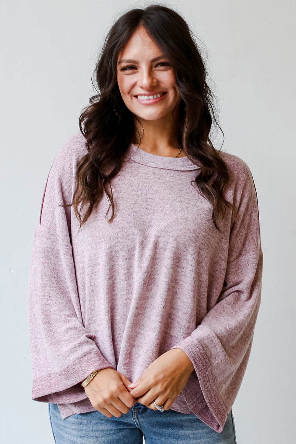 Chic orchid petal drop shoulder long sleeve tee with exposed seams