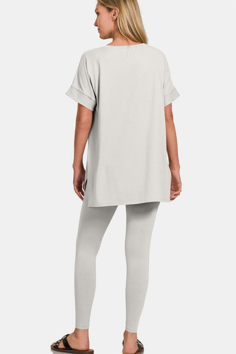 Zenana V-Neck Rolled Short Sleeve T-Shirt and Leggings Lounge Set.