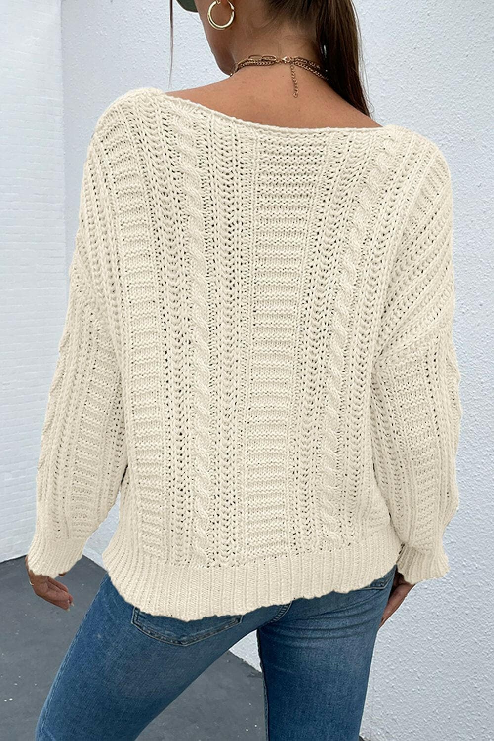 V-Neck Cable-Knit Long Sleeve SweaterV-Neck Cable-Knit Long Sleeve Sweater
 Indulge in cozy sophistication with our V-Neck Cable-Knit Long Sleeve Sweater. Crafted from 100% acrylic with a moderate stretLove Salve -Neck Cable-Knit Long Sleeve Sweatercloseout