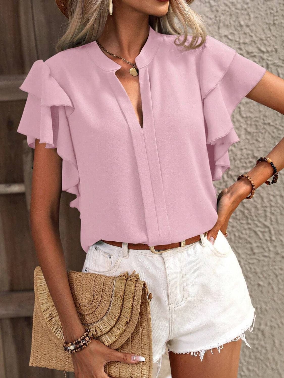 Ruffled Notched Short Sleeve Blouse.