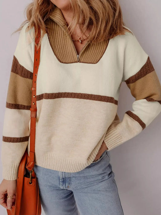Color Block Zipped Collared Sweater Simply Love