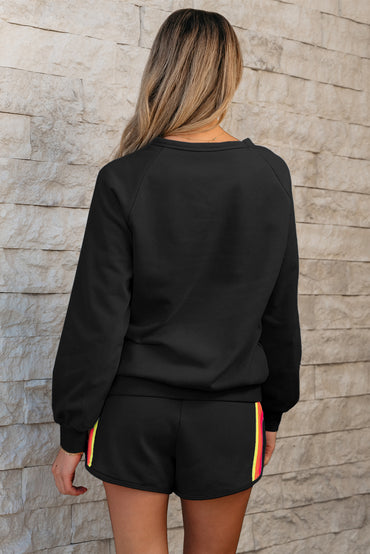 Black Striped Accent Pullover and Shorts Two Piece Set