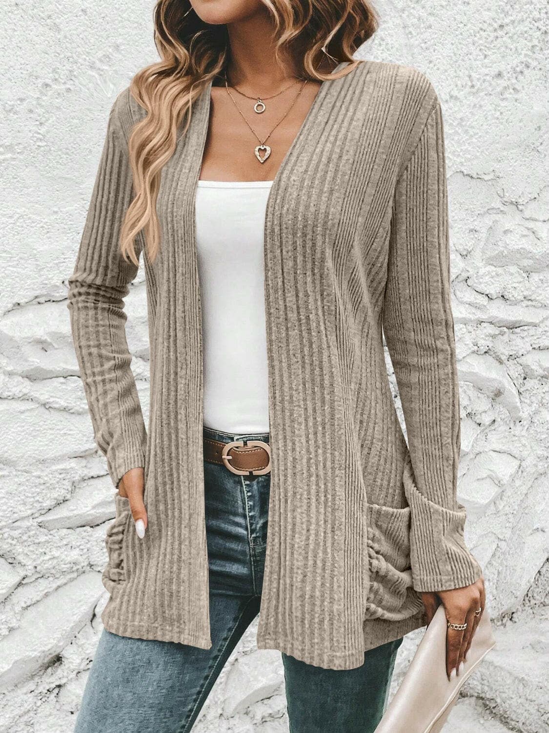 Ribbed Open Front Cardigan with Pockets.