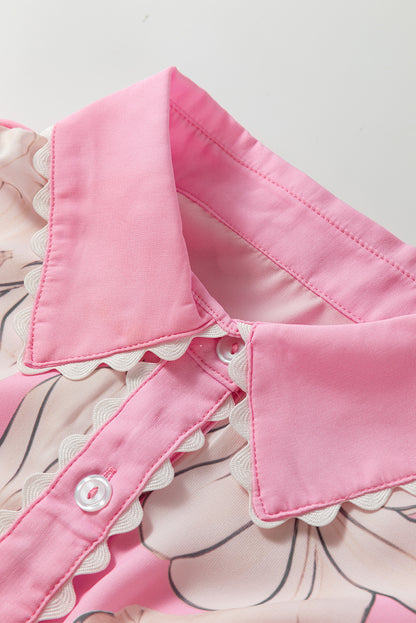 Rose Floral Ric Rac Edge Puff Sleeve Button Up Shirt
