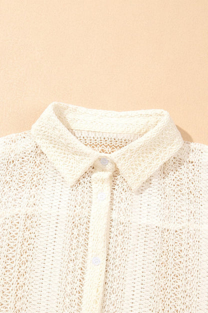 Openwork Collared Neck Long Sleeve Shirt.