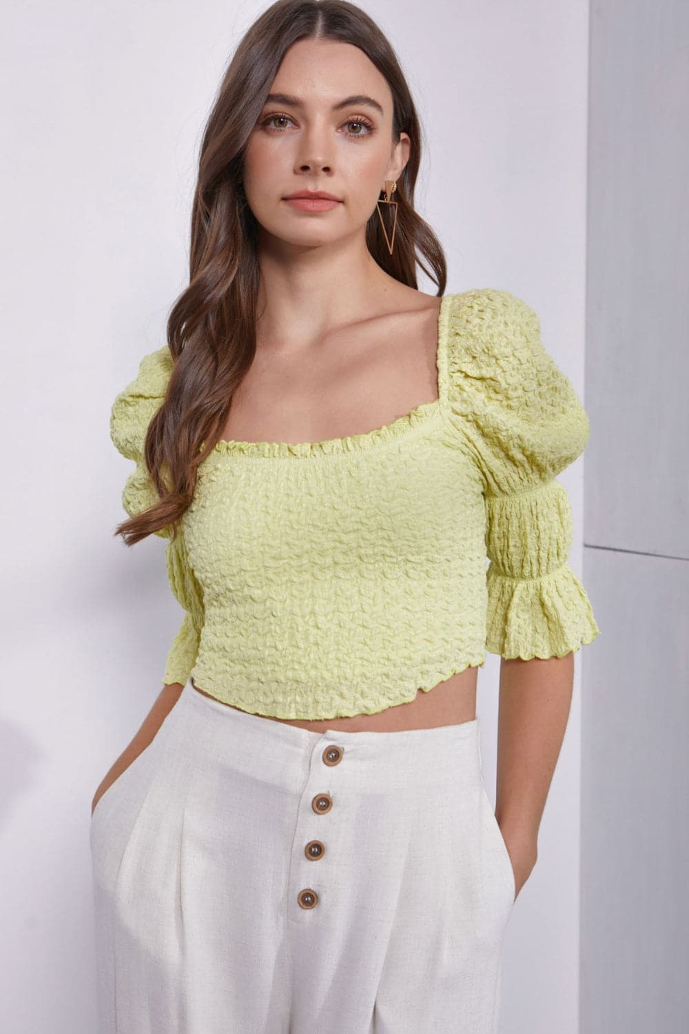 Mustard Seed Crinkle Texture Puff Sleeve Crop Top.