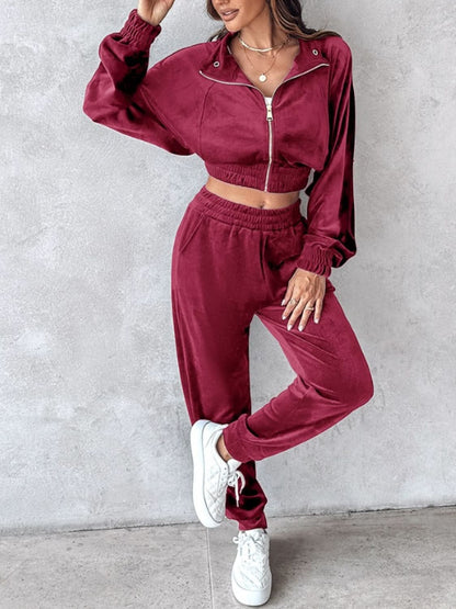 Cropped Zip-Up Long Sleeve Top and Jogger Set with Pockets