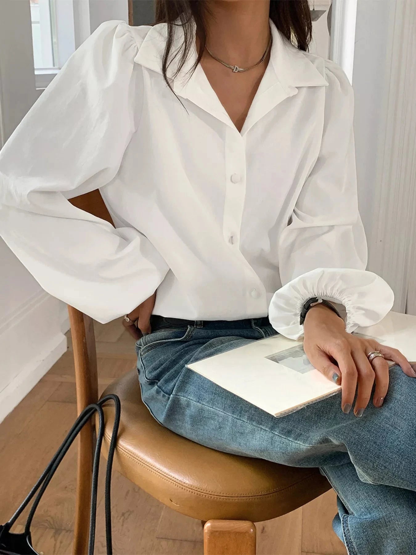 Puff Sleeve Button Down Shirt White 100 Percent Polyester Women Simply Love
