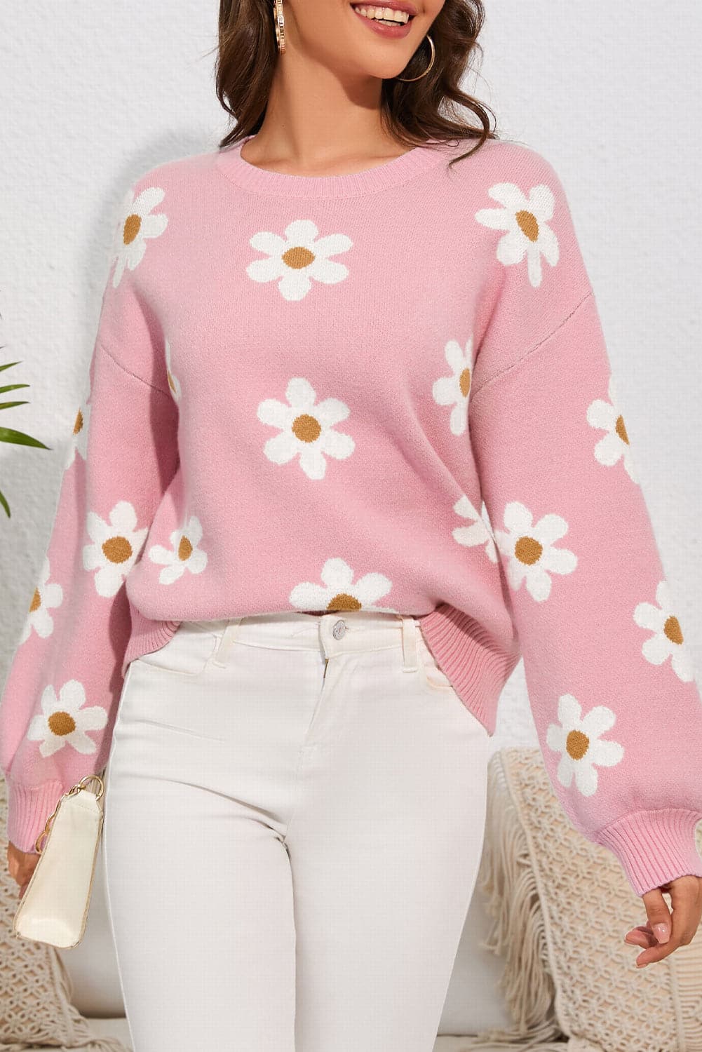 Flower Round Neck Dropped Shoulder Sweater.