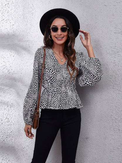 Ruched Printed V-Neck Long Sleeve Blouse.