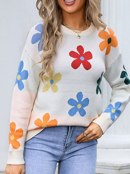 Floral print round neck long sleeve knit sweater